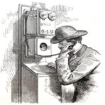 Picture of a man speaking on a 19th century Telephone
